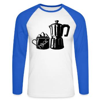 Coffee Hike - Mountain Espresso [Black] - Unisex Long Sleeve Baseball T-Shirt - white/royal blue - Front - Nik (191cm)