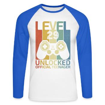Level 29 Unlocked official teenager - Unisex Long Sleeve Baseball T-Shirt - white/royal blue - Front - Nik (191cm)