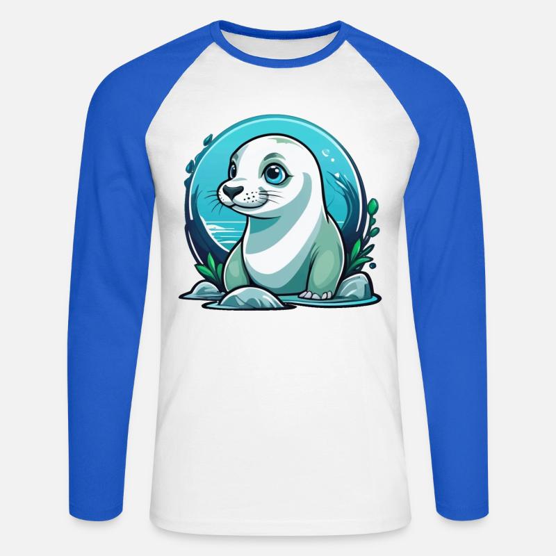 Junge Robbe auf Entdeckertour - Unisex Baseballshirt langarm - Weiß/Royalblau
