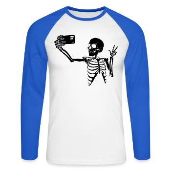 Tödliches Selfie (Schwarz) - Unisex Baseballshirt langarm - Weiß/Royalblau - Vorne - Nik (191cm)