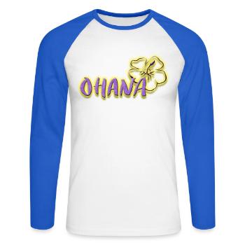Ohana Hibiscus Flowers Neon Purple Logo - Unisex Long Sleeve Baseball T-Shirt - white/royal blue - Front - Nik (191cm)
