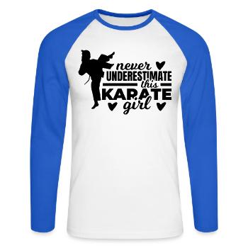 Never Underestimate This Karate Girl - Unisex Baseballshirt langarm - Weiß/Royalblau - Vorne - Nik (191cm)