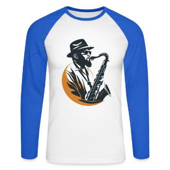 Saxophonist Graphics - Unisex Long Sleeve Baseball T-Shirt - white/royal blue - Front - Nik (191cm)