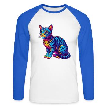 Ocicat Chat Race Dessin Animé Kawaii Animal Pet - T-shirt baseball manches longues Homme - blanc/bleu royal - Devant - Nik (191cm)
