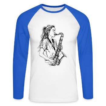 Saxophone Player Sketch - Unisex Long Sleeve Baseball T-Shirt - white/royal blue - Front - Nik (191cm)