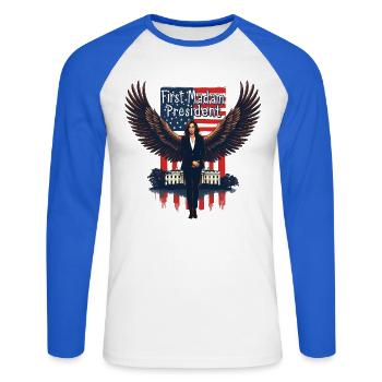 FIRST MADAM PRESIDENT, KAMALA HARRIS - Unisex Long Sleeve Baseball T-Shirt - white/royal blue - Front - Nik (191cm)