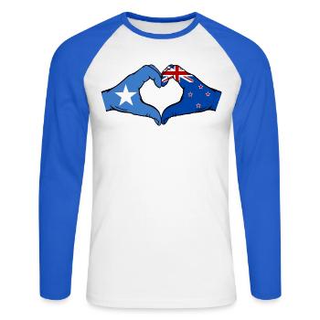 Drapeau de la Nouvelle-Zélande Mains Forme de cœur - T-shirt baseball manches longues Homme - blanc/bleu royal - Devant - Nik (191cm)