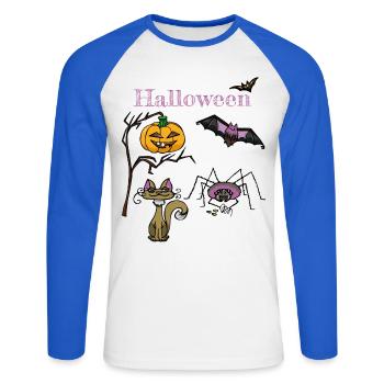 Halloween Kürbis und Fledermaus Design - Unisex Baseballshirt langarm - Weiß/Royalblau - Vorne - Nik (191cm)