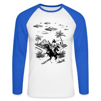 Jesus Dinosaur Meme Humor Religion Fantasy - Unisex Long Sleeve Baseball T-Shirt - white/royal blue - Front - Nik (191cm)
