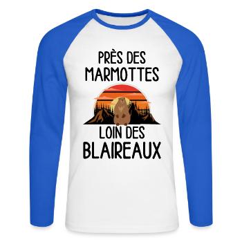 Marmotte au coucher de soleil - T-shirt baseball manches longues Homme - blanc/bleu royal - Devant - Nik (191cm)