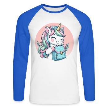 Einhorn Pastell Unicorn mit Schulranzen - Unisex Baseballshirt langarm - Weiß/Royalblau - Vorne - Nik (191cm)