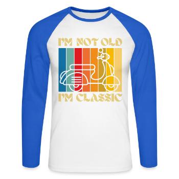 I'm Not Old, I'm Classic – Retro Scooter - Unisex Long Sleeve Baseball T-Shirt - white/royal blue - Front - Nik (191cm)