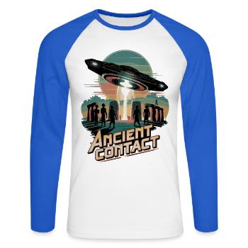 Ancient Astronaut Stonehenge UFO Encounter - Unisex Long Sleeve Baseball T-Shirt - white/royal blue - Front - Nik (191cm)