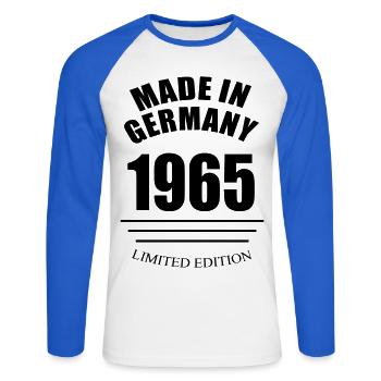 Fabriqué en Allemagne 1965 édition limitée - année de naissance - T-shirt baseball manches longues Homme - blanc/bleu royal - Devant - Nik (191cm)