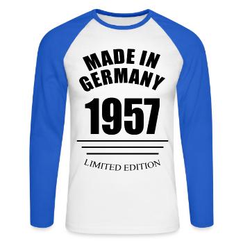 made in germany 1957 limited edition - Unisex Baseballshirt langarm - Weiß/Royalblau - Vorne - Nik (191cm)