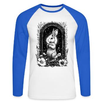 Bohemian Boho Hase Hasenmotiv Frühling Cottagecore - Unisex Baseballshirt langarm - Weiß/Royalblau - Vorne - Nik (191cm)