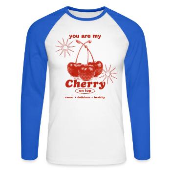 Cerise sur le gâteau – Perfection sucrée - T-shirt baseball manches longues Homme - blanc/bleu royal - Devant - Nik (191cm)