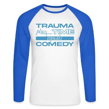 Traumatisme + Temps = Comédie - T-shirt baseball manches longues Homme - blanc/bleu royal - Devant - Nik (191cm)