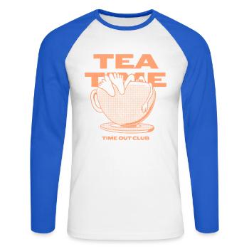 Tea Time – Entspannte Auszeit - Unisex Baseballshirt langarm - Weiß/Royalblau - Vorne - Nik (191cm)