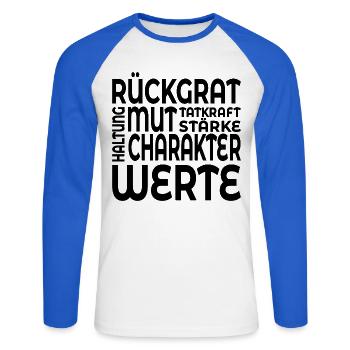 RÜCKGRAT WERTE HALTUNG - Unisex Baseballshirt langarm - Weiß/Royalblau - Vorne - Nik (191cm)