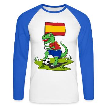 Drapeau de l’Espagne Dinosaure Rex Football - T-shirt baseball manches longues Homme - blanc/bleu royal - Devant - Nik (191cm)