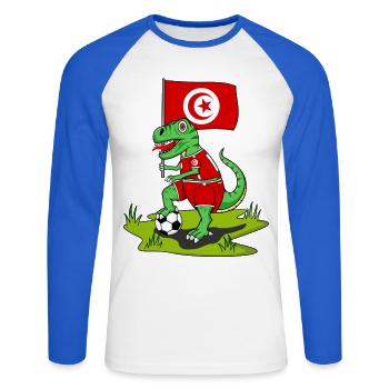 Drapeau de la Tunisie Dinosaure Rex Football - T-shirt baseball manches longues Homme - blanc/bleu royal - Devant - Nik (191cm)