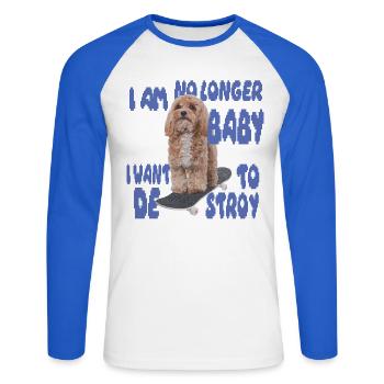 Skater Dog Meme – No Longer Baby - Unisex Baseballshirt langarm - Weiß/Royalblau - Vorne - Nik (191cm)