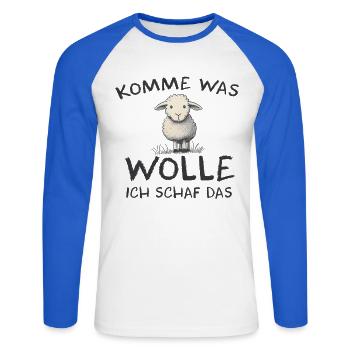 Komme was wolle ich Schaf das Schaf Wolle - Unisex Baseballshirt langarm - Weiß/Royalblau - Vorne - Nik (191cm)