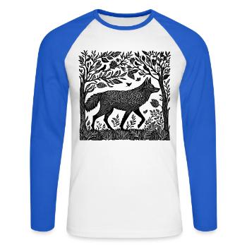 Holzschnitt Wildnis Wolf Wald Natur Geschenk - Unisex Baseballshirt langarm - Weiß/Royalblau - Vorne - Nik (191cm)