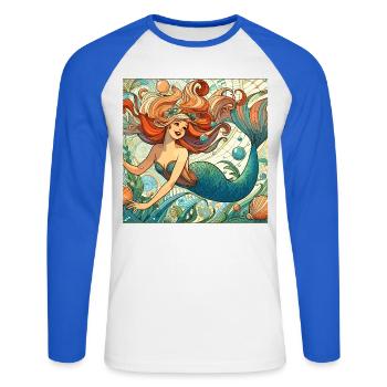 Sirène Sirène cheveux roux Cadeau Art Nouveau - T-shirt baseball manches longues Homme - blanc/bleu royal - Devant - Nik (191cm)