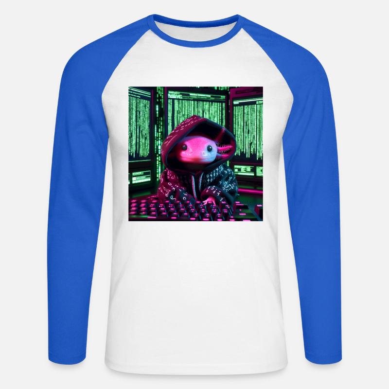 Cyber-Axolotl im digitalen Code-Look - Unisex Baseballshirt langarm - Weiß/Royalblau