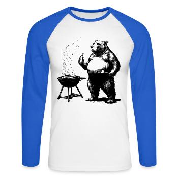 Grill Master Bear Drôle de cadeau pour les papas - T-shirt baseball manches longues Homme - blanc/bleu royal - Devant - Nik (191cm)