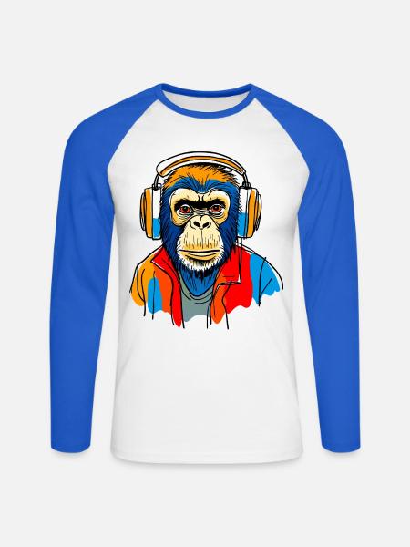 Singe avec casque - T-shirt baseball manches longues Homme - blanc/bleu royal
