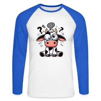 Funny Confused Cow Cartoon Clumsy Googly Eyes - Unisex Long Sleeve Baseball T-Shirt - white/royal blue - Front - Nik (191cm)