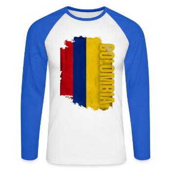 Vertical Colombia flag, I love Colombia - Unisex Long Sleeve Baseball T-Shirt - white/royal blue - Front - Nik (191cm)