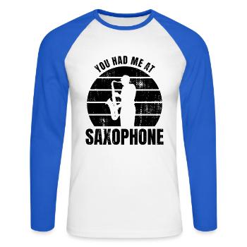 Witziger Saxophonisten Spruch - Unisex Baseballshirt langarm - Weiß/Royalblau - Vorne - Nik (191cm)