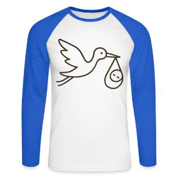 Cigogne avec bébé enfant - Arrivée minimale de bébé - T-shirt baseball manches longues Homme - blanc/bleu royal - Devant - Nik (191cm)
