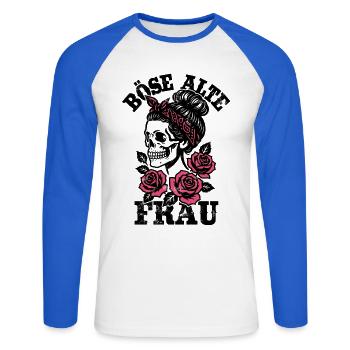 Böse alte Frau - Totenkopf - Rosen - Spruch - Unisex Baseballshirt langarm - Weiß/Royalblau - Vorne - Nik (191cm)