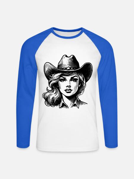 Retro Cow Girl, Line Art Western Style - Unisex Baseballshirt langarm - Weiß/Royalblau