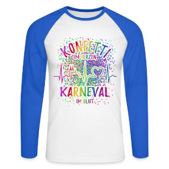 Konfetti im Herzen - Karneval im Blut - Köln - Unisex Baseballshirt langarm - Weiß/Royalblau - Vorne - Nik (191cm)