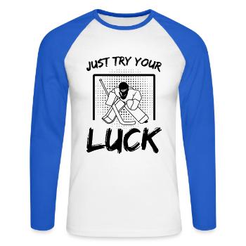 Torwart Eishockey - Unisex Baseballshirt langarm - Weiß/Royalblau - Vorne - Nik (191cm)