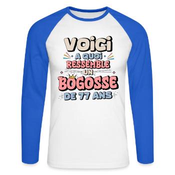 Humour Anniversaire 77 Ans - T-shirt baseball manches longues Homme - blanc/bleu royal - Devant - Nik (191cm)