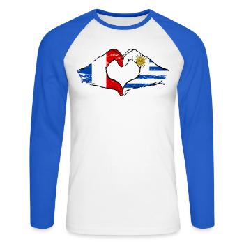 Frankreich Uruguay Flagge Hände Herzform used - Unisex Baseballshirt langarm - Weiß/Royalblau - Vorne - Nik (191cm)