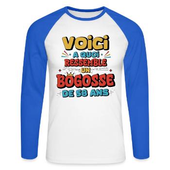 Nostalgic humour 58 years old - Unisex Long Sleeve Baseball T-Shirt - white/royal blue - Front - Nik (191cm)