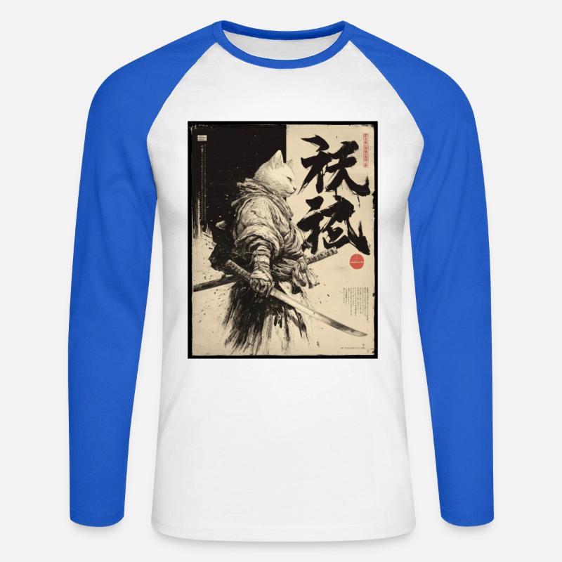Samurai Katze, Japanischer Krieger & Kämpfer - Unisex Baseballshirt langarm - Weiß/Royalblau