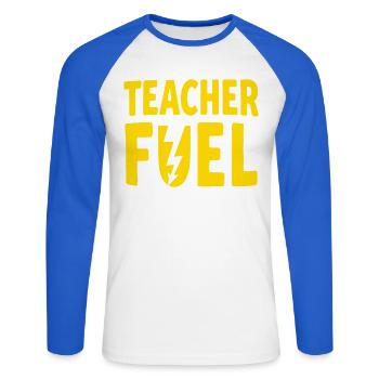 Teacher Fuel - Unisex Long Sleeve Baseball T-Shirt - white/royal blue - Front - Nik (191cm)