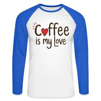 Le café est mon amour, dicton sur le café - T-shirt baseball manches longues Homme - blanc/bleu royal - Devant - Nik (191cm)