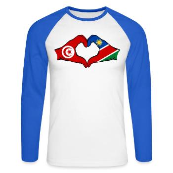 Tunisia Namibia Flag Hands Heart Shape Used - Unisex Long Sleeve Baseball T-Shirt - white/royal blue - Front - Nik (191cm)