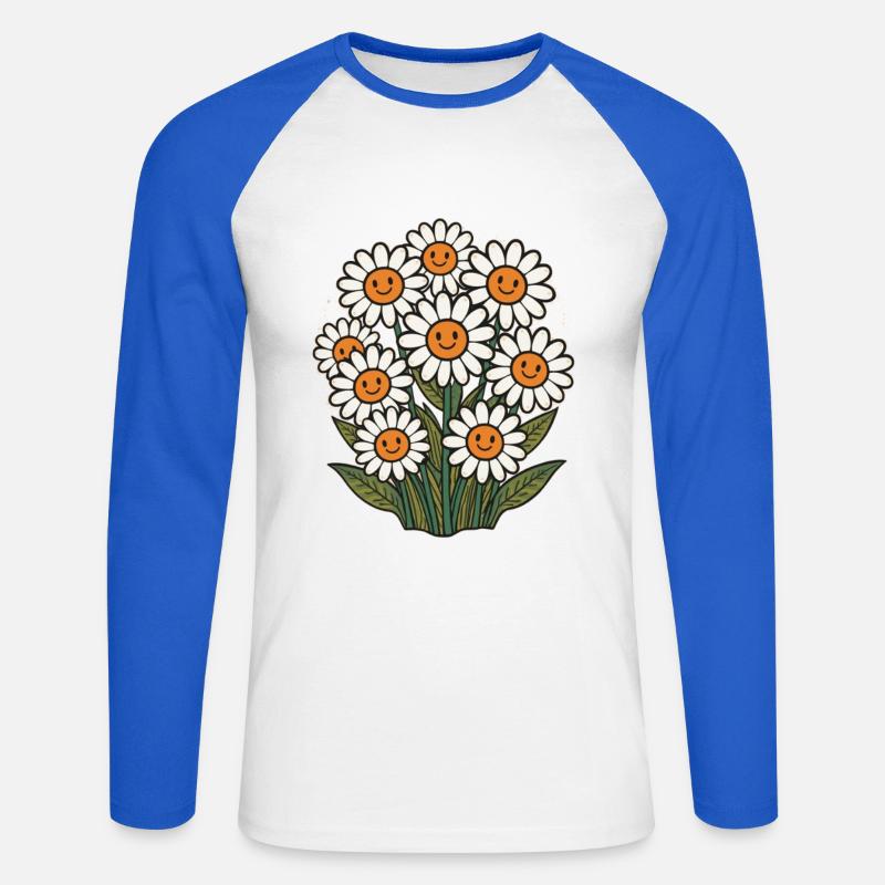 Fröhliche Blumen mit Smileys - Unisex Baseballshirt langarm - Weiß/Royalblau