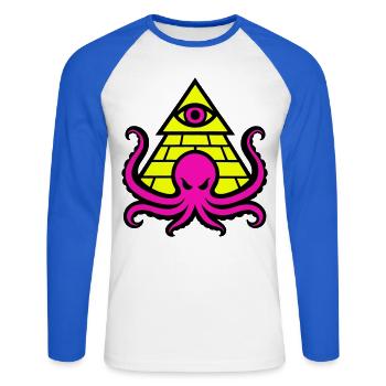 Pyramid with occult octopus and eye - Unisex Long Sleeve Baseball T-Shirt - white/royal blue - Front - Nik (191cm)